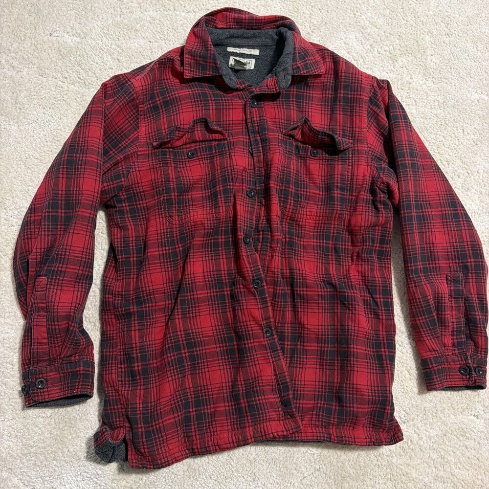 LL Bean Mens Medium Fleece Lined Flannel Shirt Jacket Red Shacket Traditional